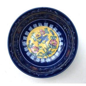 Vintage Asian Porcelain Blue White Yellow Pink Painted Bird Flowers 6” Bowl